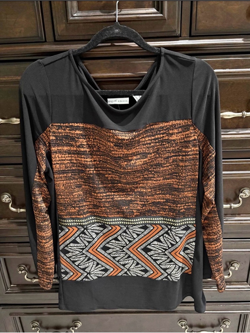Susan Graver Black Long-Sleeve Liquid Knit Top with Rust and Cream Panels - Sz L
